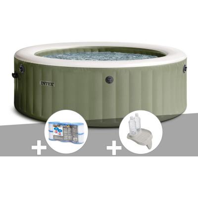 INTEX Kit spa gonflable  PureSpa Olive rond Bulles 4 places + 6 filtres + Porte/verre