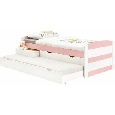 IDIMEX Lit gigogne avec rangements JESSY, 90 x 190 cm en pin massif lasur&eacute; blanc et rose