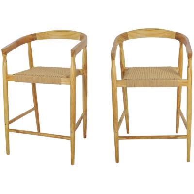 Lot de 2 fauteuils de bar en teck et corde tress&eacute; H65cm bois clair
