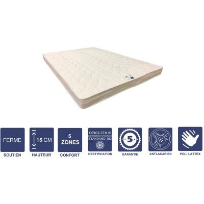 Matelas Ferme Pour Canap&eacute; Lit 140x190 x 15 cm - 5 zones de Confort - Ame Poli Lattex Haute R&eacute;silience - Hypoallerg&eacute;nique