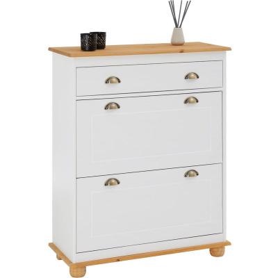 Meuble &agrave; chaussures en pin COLMAR, 2 abattants, lasur&eacute; blanc et brun