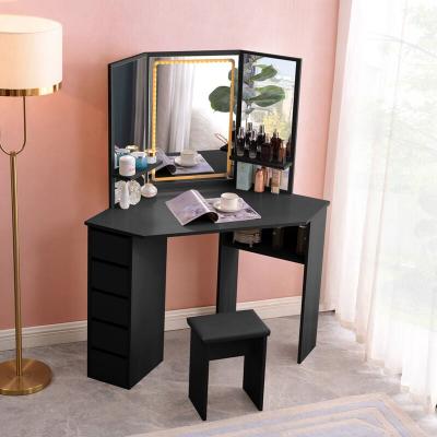 LLB LIVING LIFE BED Table De Maquillage D&acute;angle Noir 3 Miroirs LED Commode Elettra Black Or