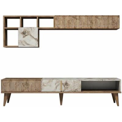 COTECOSY Esemble meuble TV en bois noyer et blanc effet marbre Roma 180 cm