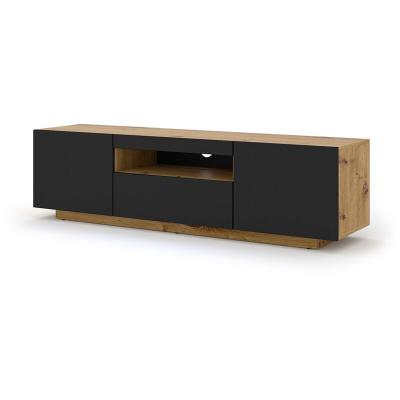 BIM FURNITURE Meuble TV couleur ch&ecirc;ne et noir avec rangement fabriqu&eacute; en HDF et MDF 