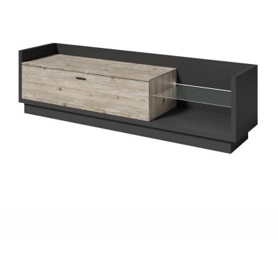 PRICE FACTORY Meuble TV XL 220cm avec LED int&eacute;gr&eacute;e. Collection CORK. Coloris gris anthracite et pin.
