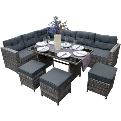 Salon de Jardin Gris en Rotin pour 9 Personnes Ensemble Table & Si&egrave;ges