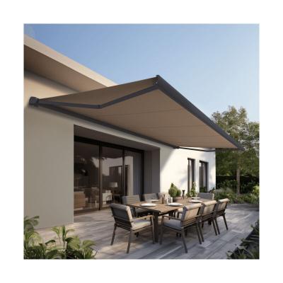 OMBRAZUR Store banne Coffre PROTECT 2 SMART Gris 6x3.5m Motoris&eacute; + Capteur Vent - Toile Taupe