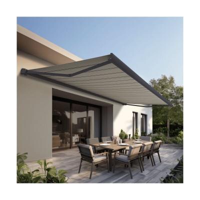 OMBRAZUR Store banne Coffre PROTECT 2 SMART Gris 4.05x3.5m Motoris&eacute; + Capteur Vent - Toile Grise Ray&eacute;e