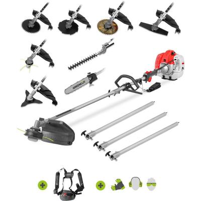 GREENCUT Outil 9 en 1 debroussailleuse &ndash; tronconneuse - taille haie, &agrave; essence 65cc -