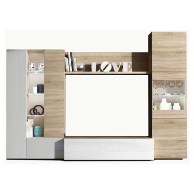 PEGANE Meuble tv coloris blanc brillant / ch&ecirc;ne canadien en m&eacute;lamine - dim : 185 x 260 x 42 cm