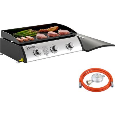 OUTSUNNY Plancha gaz 3 br&ucirc;leurs 7,5 kW couvercle acier inoxydable m&eacute;tal noir