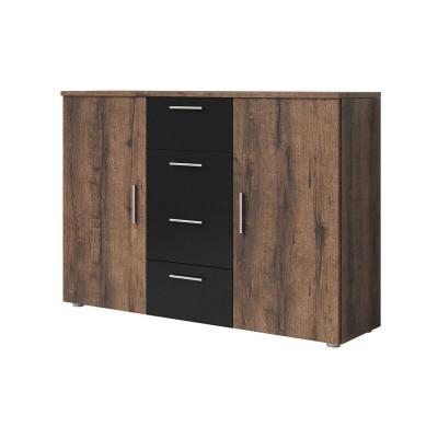 Commode 2 portes et 4 tiroirs 130cm. Collection IRINA imitation ch&ecirc;ne fonc&eacute; et noir.
