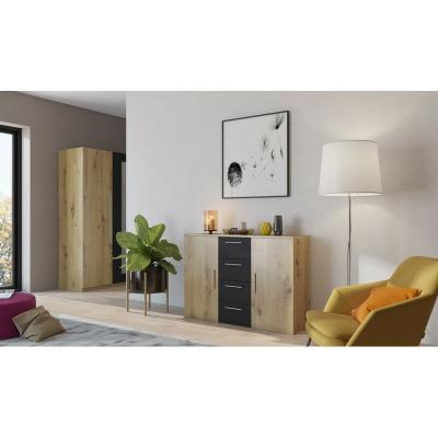Commode 2 portes et 4 tiroirs 130cm. Collection IRINA imitation ch&ecirc;ne clair et noir.