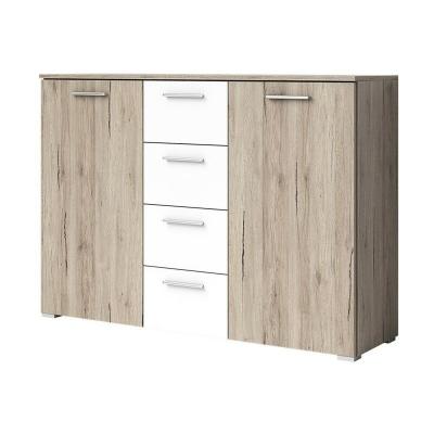 Commode design 2 portes et 4 tiroirs 130cm. Collection EOS coloris ch&ecirc;ne clair et blanc