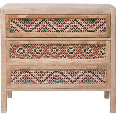 Commode 3 tiroirs en bois de manguier et cannage color&eacute;