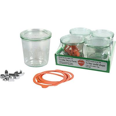 WECK  - Rundrandglas Sturz 0,5 l 4er Tray mit Deckel, Ring und Klammern