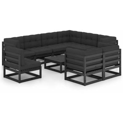 VIDAXL Salon De Jardin 10 Pcs Avec Coussins Noir Bois De Pin Massif  