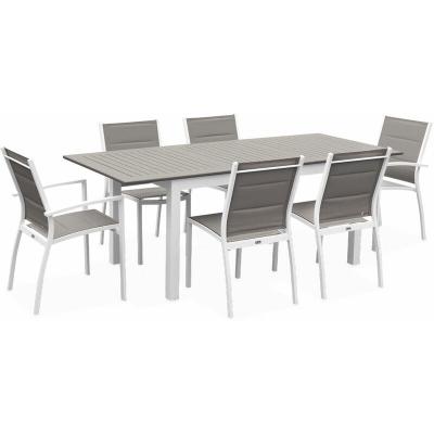 SWEEEK Salon de jardin blanc et taupe en aluminium extensible et 6 chaises