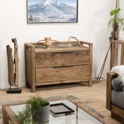 Commode 2 tiroirs en pin recycl&eacute; et poign&eacute;es en m&eacute;tal noir