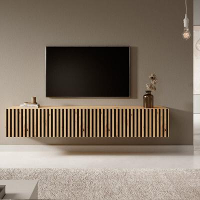 SELSEY Meuble TV - TELIRE - 175 cm en ch&ecirc;ne artisan avec fa&ccedil;ade frais&eacute;e et inserts noirs