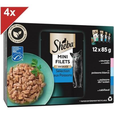 SHEBA Mini filets Sachet fraicheur en sauce - Aux poissons - Pour chat - 12 x 85 g x4