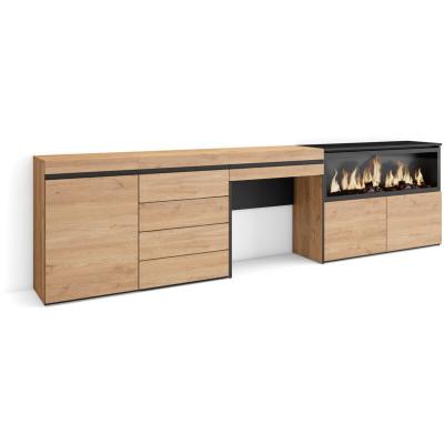 SKRAUT HOME Coiffeuse effet bois ch&ecirc;ne 284x35x75cm chemin&eacute;e effet feu XXL