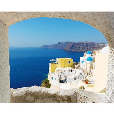 PLAGE Sticker Fen&ecirc;tre 3D 60x75cm - D&eacute;co Trompe l'Oeil Gr&egrave;ce: Mer Turquoise & Maisons Blanches - R&eacute;aliste & Effet 3D Garanti ! 