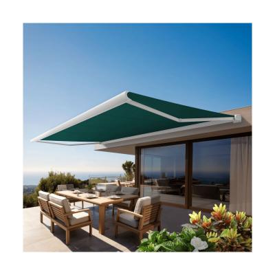 OMBRAZUR Store banne Coffre int&eacute;gral PROTECT 2 LED Blanc 5x3,5m Motoris&eacute; &agrave;&nbsp; t&eacute;l&eacute;commande + Eclairage LED - Toile Vert 