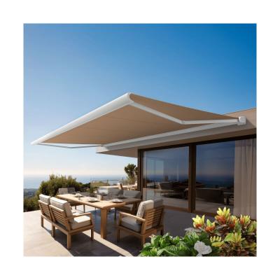 OMBRAZUR Store banne Coffre PROTECT 2 SMART Blanc 5x3.5m Motoris&eacute; + Capteur Vent - Toile Taupe