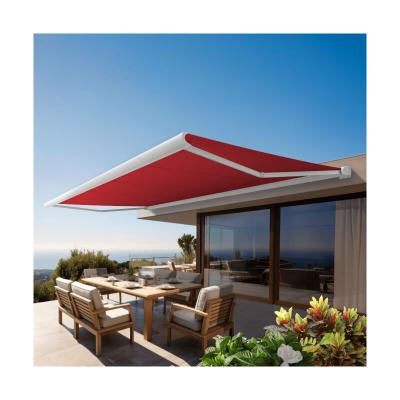 OMBRAZUR Store banne Coffre PROTECT 2 SMART Blanc 6x3.5m Motoris&eacute; + Capteur Vent - Toile Rouge