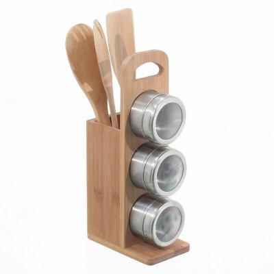 SECRET DE GOURMET Support &Agrave; &Eacute;pices 3 Pi&egrave;ces Et 3 Ustensiles De Cuisine - Bambou Et Acier Inox