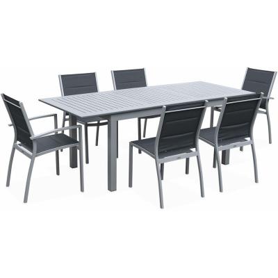 SWEEEK Salon de jardin gris en aluminium table extensible et 6 chaises