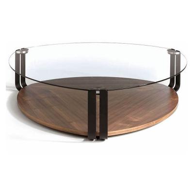 Table basse en bois de noyer et verre 2055C, 135 x 135 x 32 cm. -