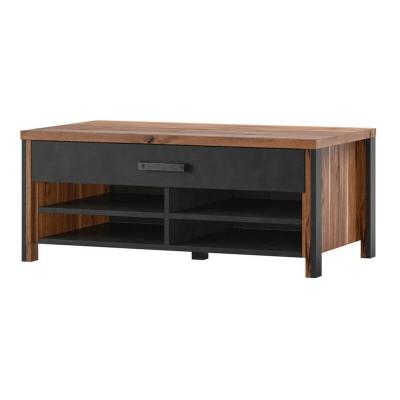 Table basse design collection windsor avec tiroir et niches. Coloris ch&ecirc;ne fonc&eacute; et gris anthracite.