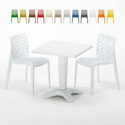GRAND SOLEIL Table Carr&eacute;e Blanche 70x70cm Avec 2 Chaises Color&eacute;es Set Bar Caf&eacute; Gruvyer Patio, Couleur: Blanc