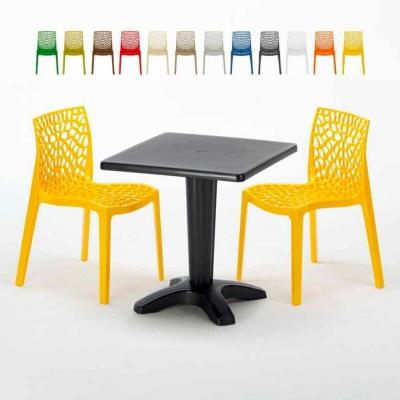 GRAND SOLEIL Table Carr&eacute;e Noire 70x70cm Avec 2 Chaises Color&eacute;es Set Bar Caf&eacute; Gruvyer Aia, Couleur: Jaune