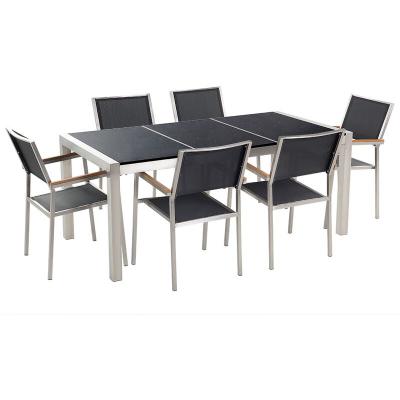 BELIANI Table acier inox et plateau triple granit avec 6 chaises en textile