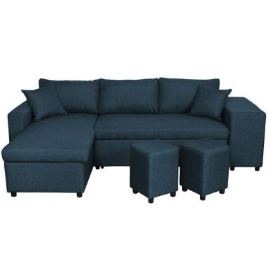 LOUNGITUDE Canap&eacute; d'angle convertible bleu p&eacute;trole avec rangement poufs &agrave; droite