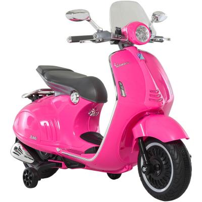 Scooter moto &eacute;lectrique enfant vespa 6v 30w 2 roulettes auxiliaires effets sonores lumineux rose