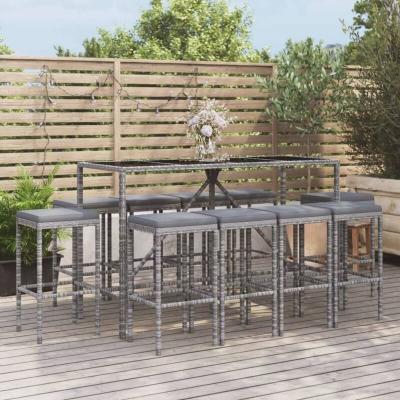 Vidaxl ensemble de bar de jardin 11 pcs avec coussins gris poly rotin