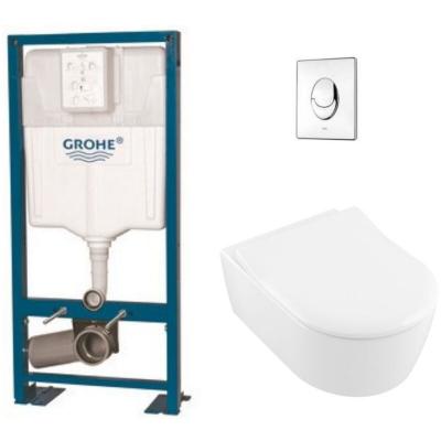 VILLEROY ET BOCH Pack WC suspendu sans bride Avento + abattant + plaque chrom&eacute;e + b&acirc;ti Grohe