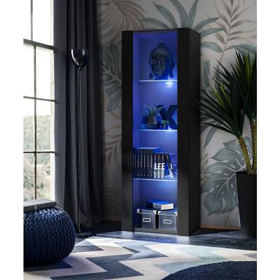 Komodee - Vitrine Armoire Tivoli, Noir/Noir, Largeur 55cm x Hauteur 159cm x Profondeur 35cm, led Bleu, 3 &eacute;tag&egrave;res, pour Salon, Chambre, Entr&eacute;e