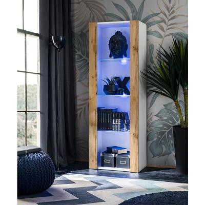 Komodee - Vitrine Armoire Tivoli, Blanc/Wotan, Largeur 55cm x Hauteur 159cm x Profondeur 35cm, led Bleu, 3 &eacute;tag&egrave;res, pour Salon, Chambre, Entr&eacute;e