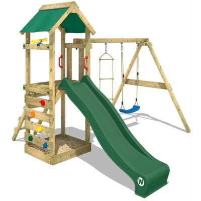 WICKEY Aire de jeux  portique bois freeflyer avec balan&ccedil;oire et toboggan vert