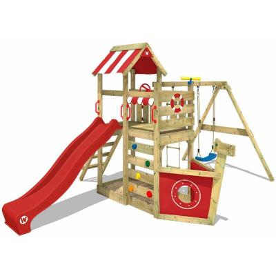 WICKEY Aire de jeux en bois  SeaFlyer avec balan&ccedil;oire, toboggan et bac &agrave; sable - Rouge