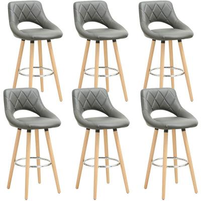 Lot de 6 tabouret de bar-en cuir synth&eacute;tique et bois massif avec dossier et repose-43x40x96cm-gris