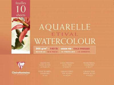 CLAIREFONTAINE Bloc Aquarelle Etival Encoll&eacute; 4 C&ocirc;t&eacute;s 300g Grain Fin 10 feuilles 30x40cm