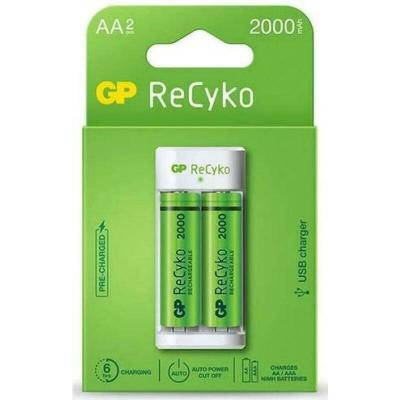 GP BATTERIES Pack x2 Piles AA (LR6) + Chargeur USB - GP ReCyko 2000
