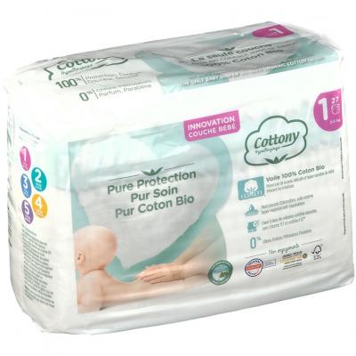 COTTONY  Couches Hypoallerg&eacute;niques en Coton Bio - Taille 1, 27 unit&eacute;s
