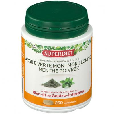 SUPERDIET  Argile Verte Montmorillonite Menthe Poivr&eacute;e 250 comprim&eacute;s